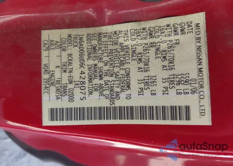 2006 Nissan Frontier Se z USA, uszkodzony, nr VIN 1N6AD06U06C428075